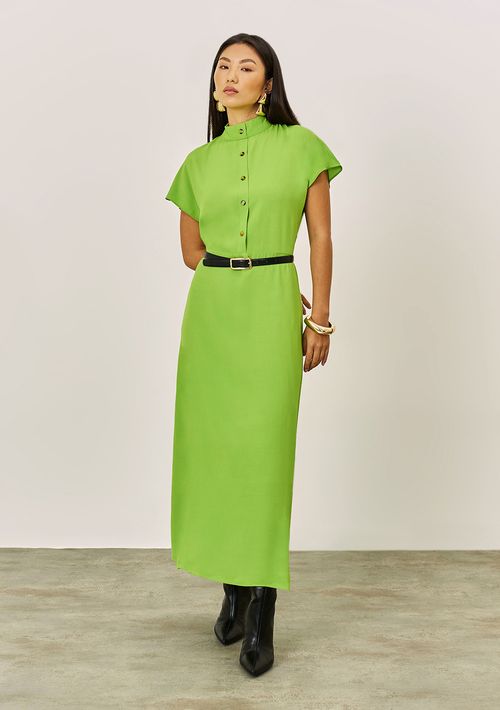 Vestido Iódice Solto Gola Alta Manga Curta Midi Verde