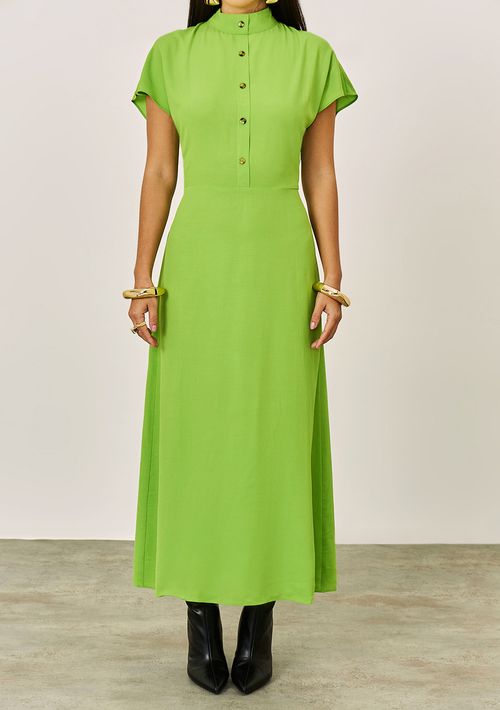Vestido Iódice Solto Gola Alta Manga Curta Midi Verde