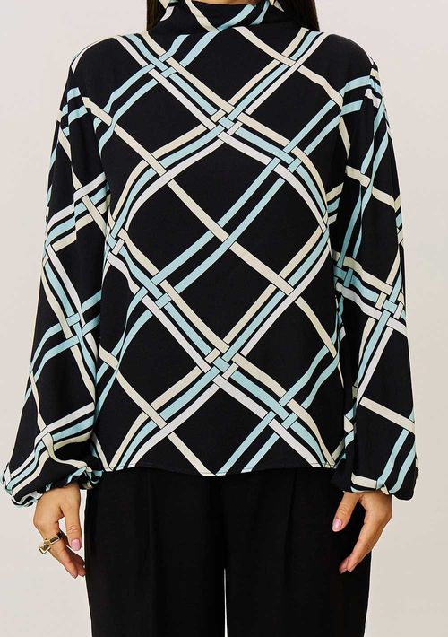 Blusa Iódice Solta Gola Alta Manga Longa Padrão Preto