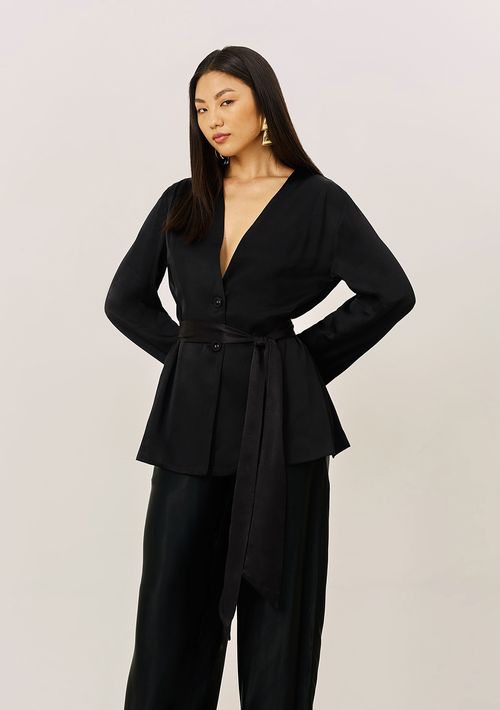 Blazer Iódice Solto Manga Longa Padrão Preto