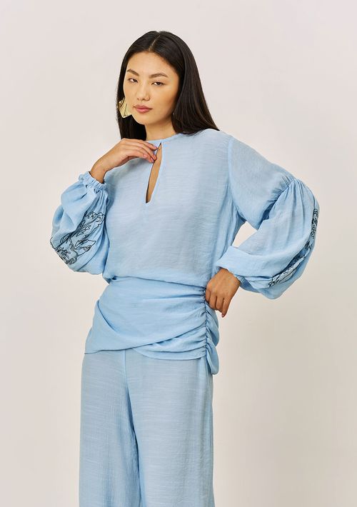 Blusa Iódice Solta Decote Careca Manga Longa Padrão Azul