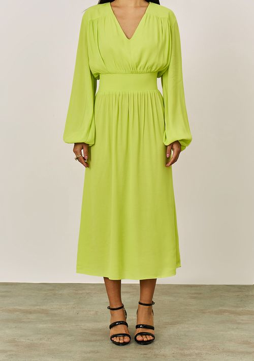 Vestido Iódice Solto Decote V Manga Longa Midi Verde