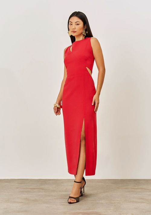 Vestido Iódice Ajustado Decote Careca Sem Manga Midi Vermelho