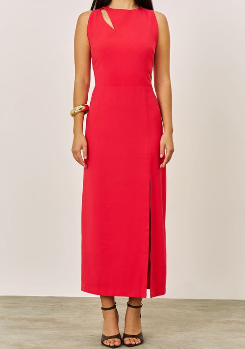 Vestido Iódice Ajustado Decote Careca Sem Manga Midi Vermelho