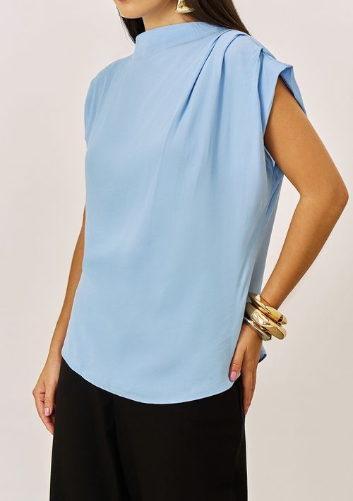 Blusa Iódice Ajustada Gola Alta Manga Curta Padrão Azul