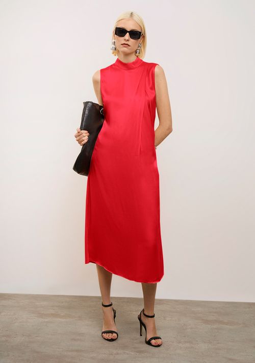 Vestido Iódice Ajustado Decote Careca Sem Manga Midi Vermelho