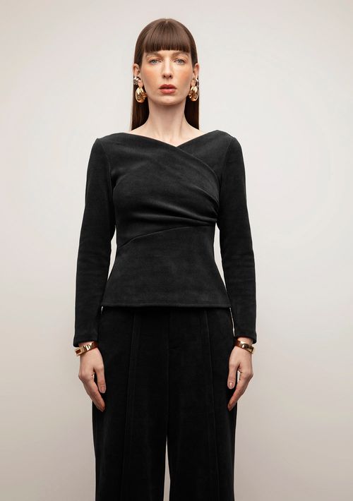 Blusa Iódice Ajustada Decote Transpassado Manga Longa Padrão Preto