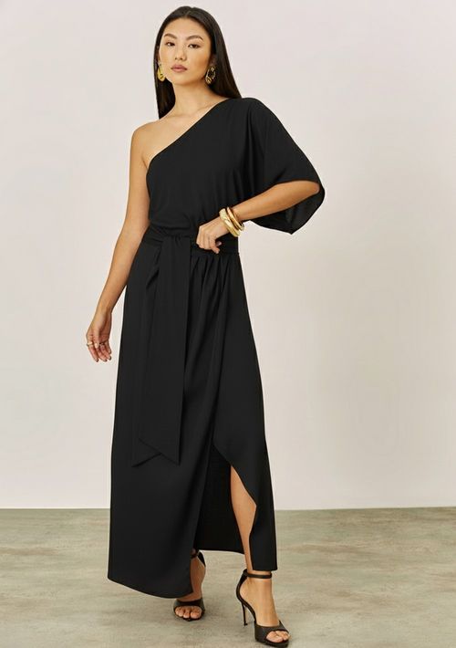 Vestido Iódice Ajustado Um Ombro Só Manga Curta Midi Preto