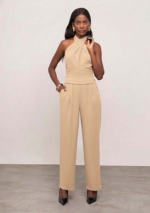 Macacão Iódice Ajustado Decote Transpassado Sem Manga Longo Bege