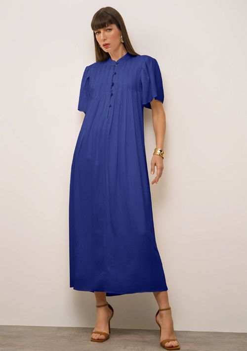 Vestido Iódice Solto Gola Padre Manga Curta Midi Azul