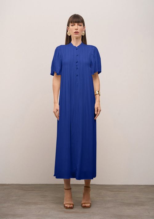 Vestido Iódice Solto Gola Padre Manga Curta Midi Azul