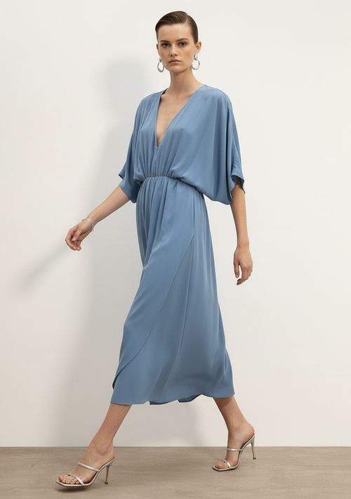 Vestido Ajustado Decote V Manga 3 Quartos Midi Azul