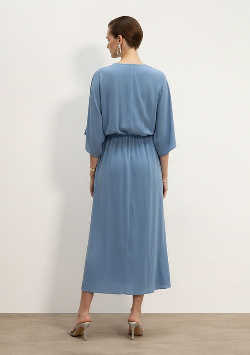 Vestido Ajustado Decote V Manga 3 Quartos Midi Azul