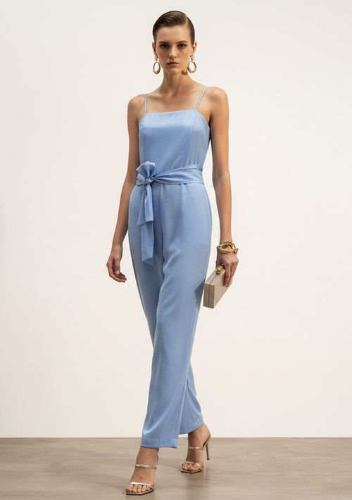 Macacão Ajustado Decote Reto Sem Manga Longo Azul