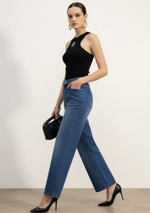 Regata Ajustada Decote Careca Padrão Preto