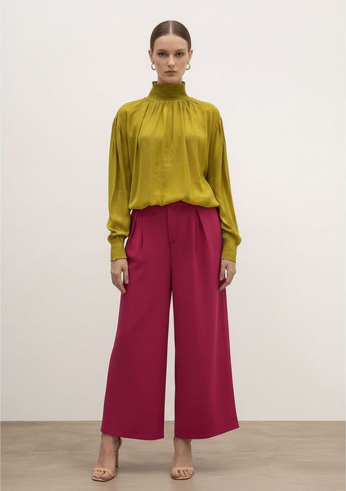 Blusa Solta Gola Alta Manga Longa Padrão Amarelo