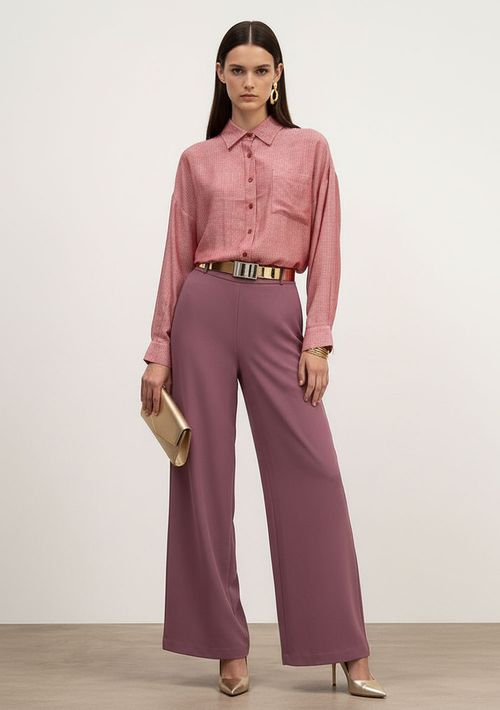 Camisa Solta Gola Tradicional Manga Longa Padrão Vermelho