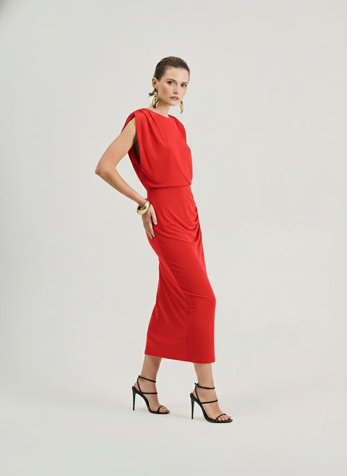 Vestido Iódice Ajustado Decote Careca Sem Manga Midi Vermelho