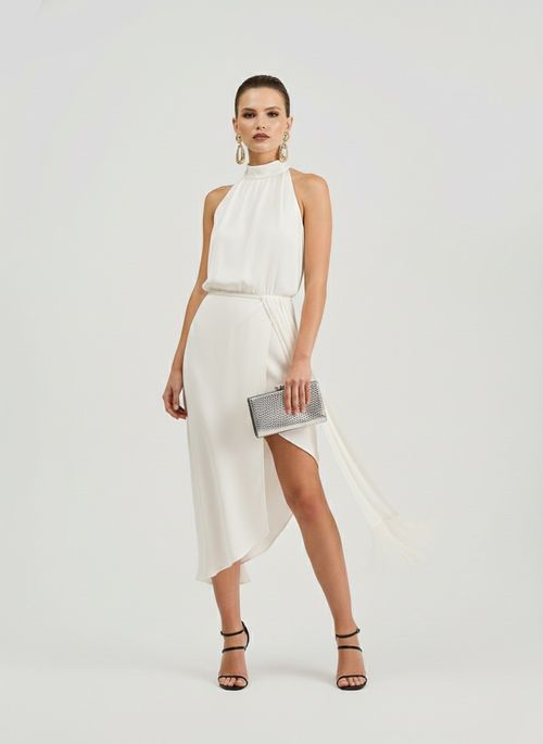 Vestido Iódice Ajustado Decote Careca Sem Manga Midi Off White