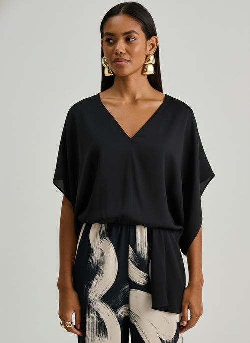Blusa Iódice Solta Decote V Manga Curta Cropped Preto