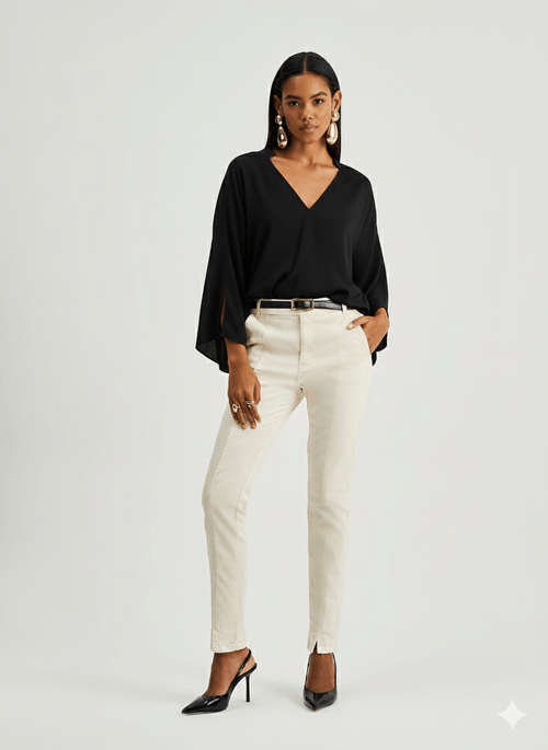 Camisa Iódice Solta Decote V Manga Longa Alongada Preto