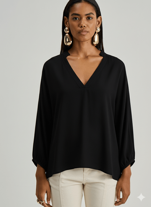 Camisa Iódice Solta Decote V Manga Longa Alongada Preto