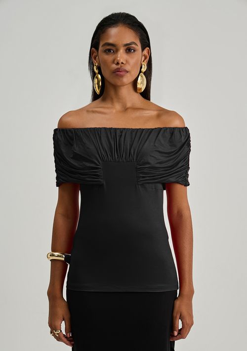 Blusa Iódice Ajustada Ombro A Ombro Manga Curta Padrão Preto