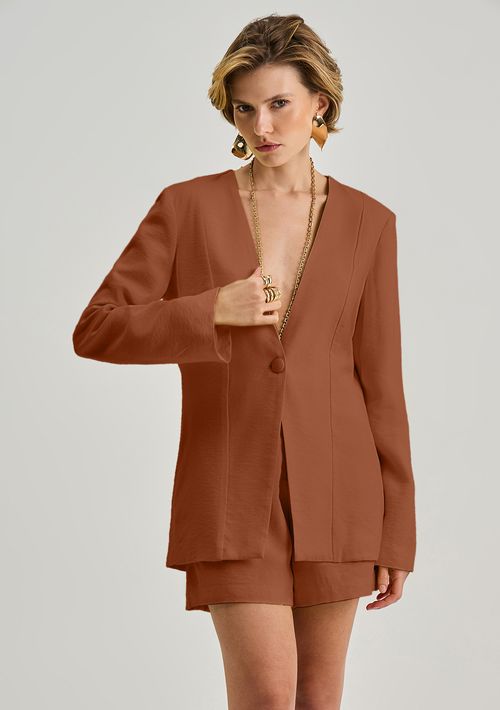 Blazer Iódice Ajustado Manga Longa Padrão Marrom