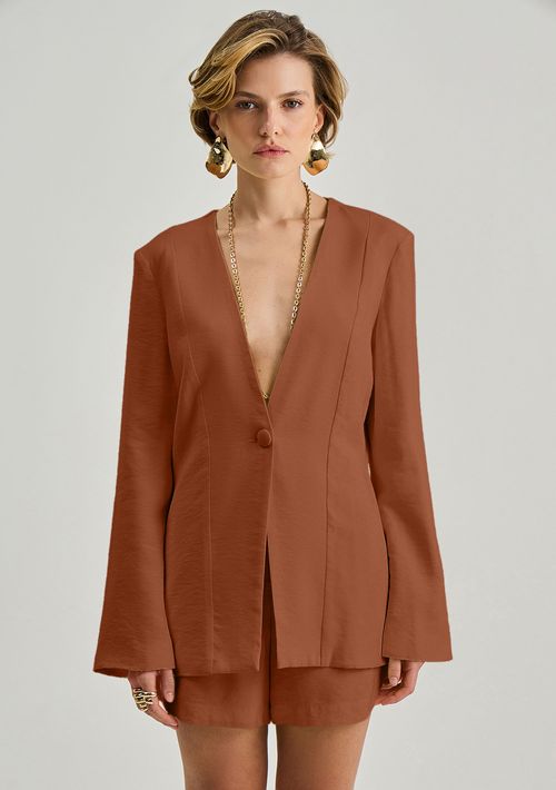 Blazer Iódice Ajustado Manga Longa Padrão Marrom