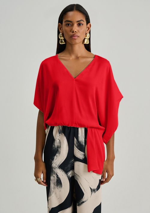 Blusa Iódice Solta Decote V Manga Curta Cropped Vermelho