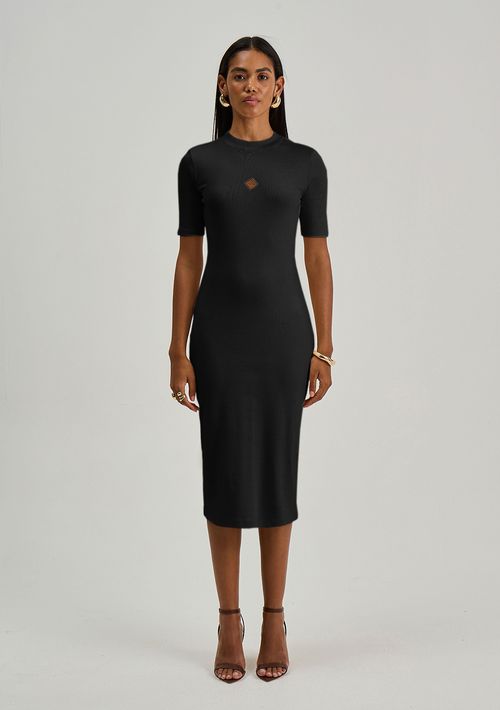 Vestido Iódice Ajustado Decote Careca Manga Curta Midi Preto