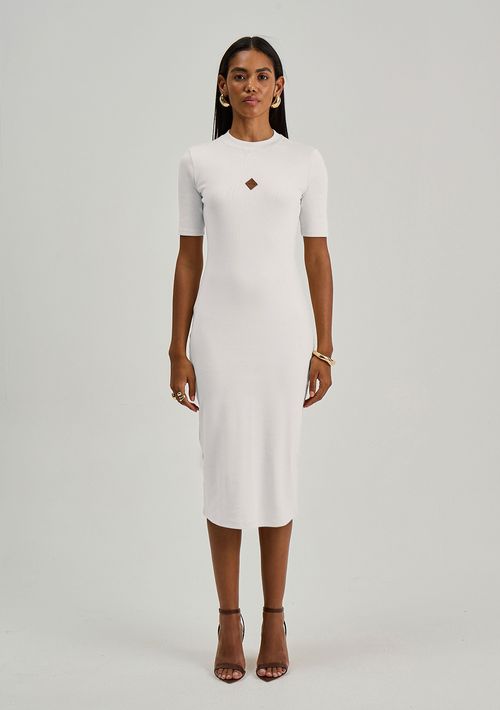 Vestido Iódice Ajustado Decote Careca Manga Curta Midi Off White