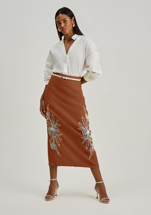 Saia Iódice Reta Alta Midi Marrom