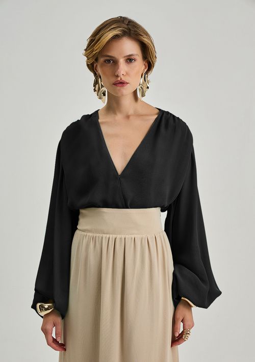 Body Iódice Decote V Manga Longa Preto