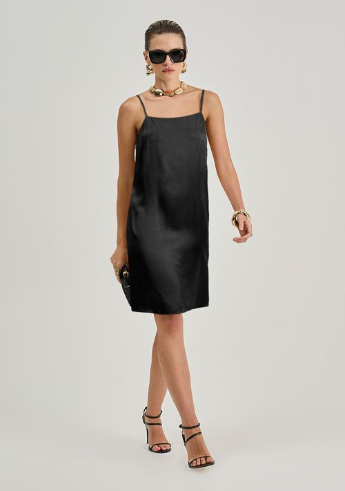 Vestido Iódice Solto Decote Reto Com Alça Curto Preto