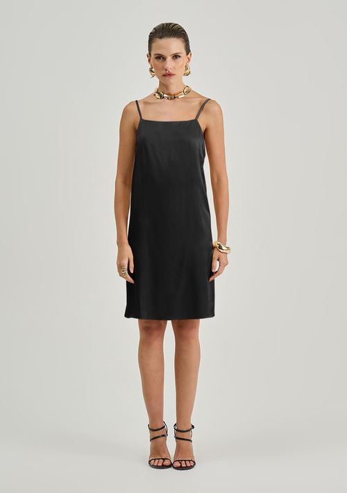 Vestido Iódice Solto Decote Reto Com Alça Curto Preto