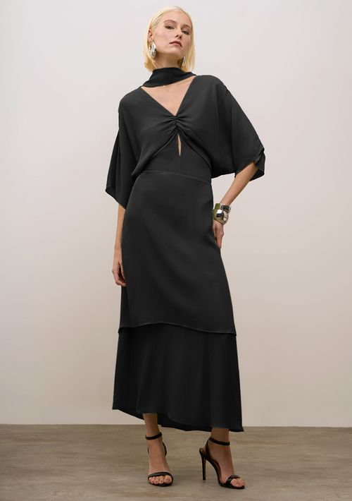 Vestido Iódice Solto Decote V Manga Longa Midi Preto