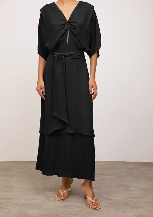 Vestido Iódice Solto Decote V Manga Longa Midi Preto