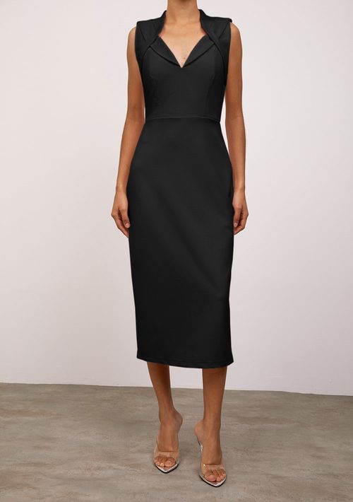 Vestido Iódice Ajustado Decote V Sem Manga Midi Preto