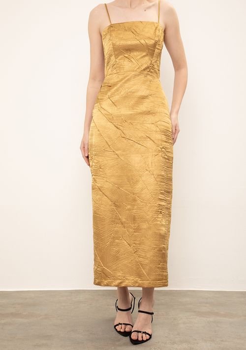 Vestido Iódice Ajustado Decote Reto Com Alça Midi Dourado
