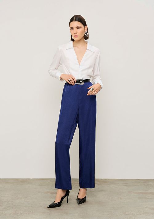 Macacão Iódice Ajustado Decote V Manga Longa Longo Azul