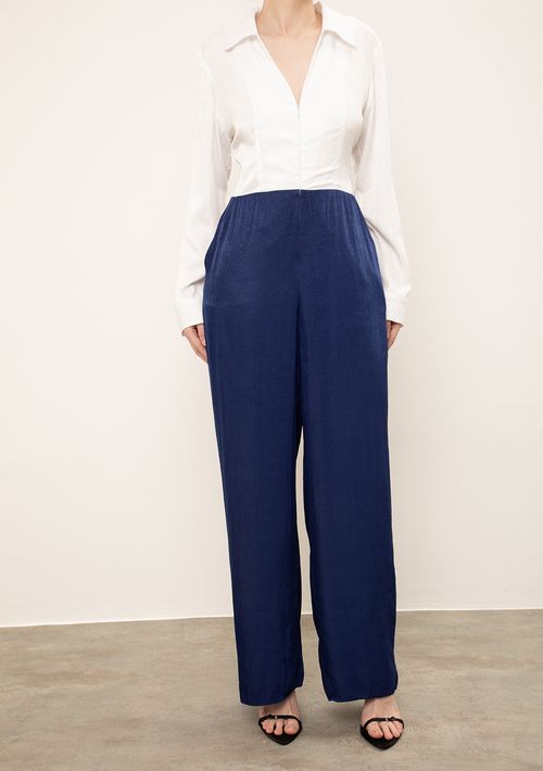 Macacão Iódice Ajustado Decote V Manga Longa Longo Azul