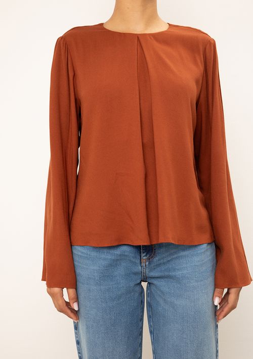Blusa Iódice Solta Decote Careca Manga Longa Padrão Marrom