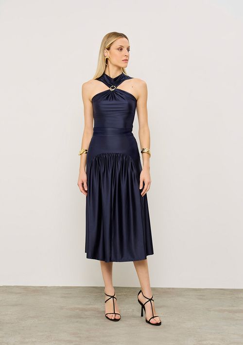 Saia Iódice Evasê Alta Midi Azul