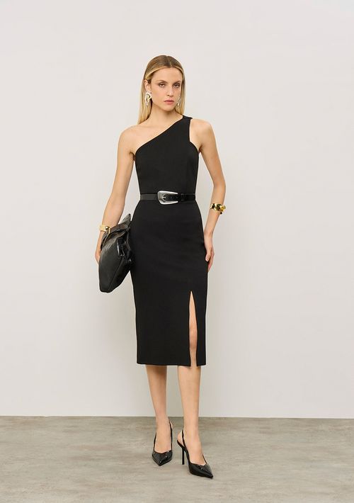 Vestido Iódice Ajustado Um Ombro Só Com Alça Midi Preto
