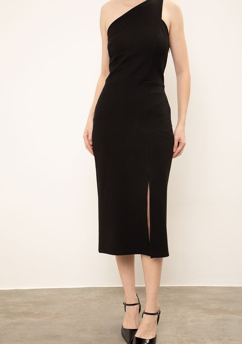 Vestido Iódice Ajustado Um Ombro Só Com Alça Midi Preto