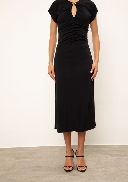 Vestido Iódice Ajustado Decote Careca Manga Curta Midi Preto