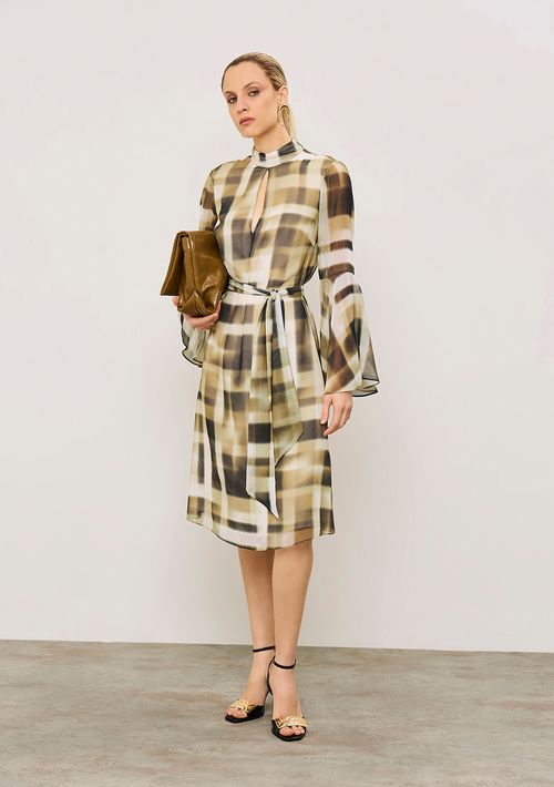 Vestido Iódice Solto Gola Alta Manga Longa Midi Bege