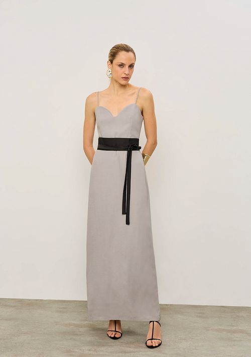 Vestido Iódice Ajustado Decote V Com Alça Longo Cinza