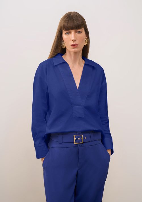 Camisa Iódice Solta Decote V Manga Longa Padrão Azul